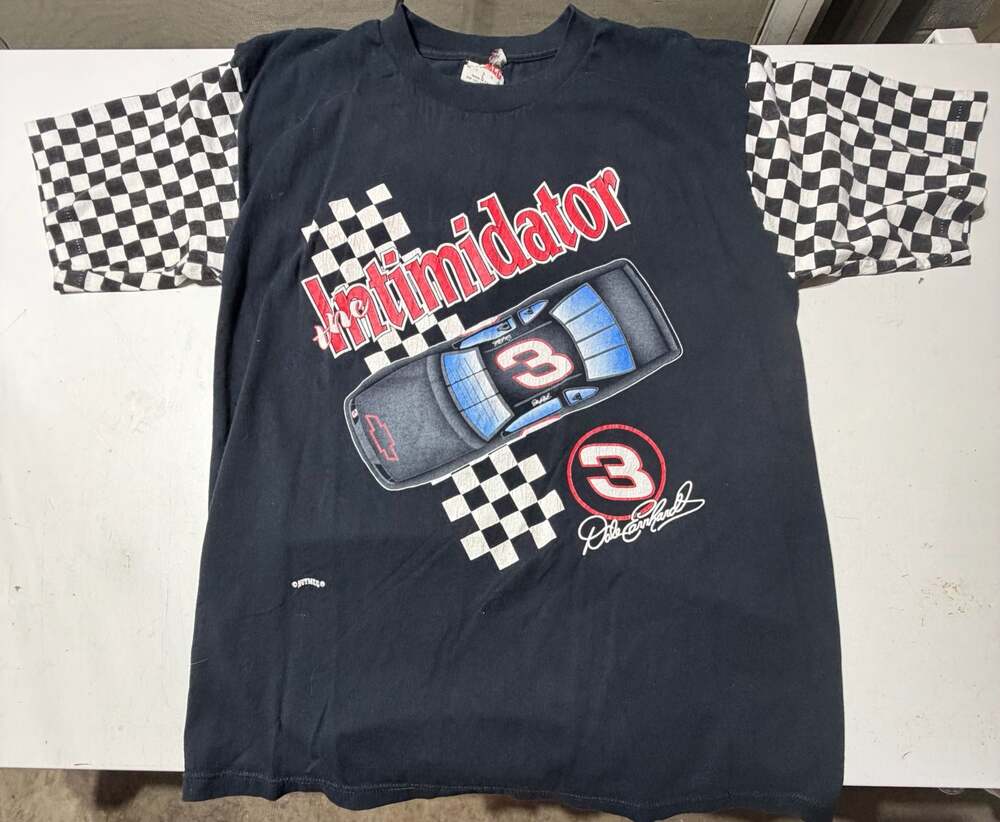 VTG Dale Earnhardt #3 Intimidator NASCAR T-Shirt Checkerboard Sleeves Nutmeg